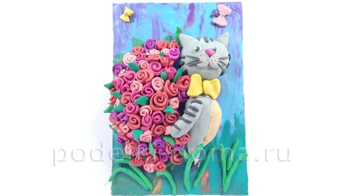 Аппликация из пластилина «Котик с букетом»
