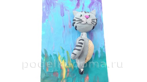 Аппликация из пластилина «Котик с букетом»